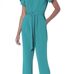 Calvin Klein Teal Tulip Sleeve Belted Stretch Crepe Cropped Leg Jumpsuit Size 16